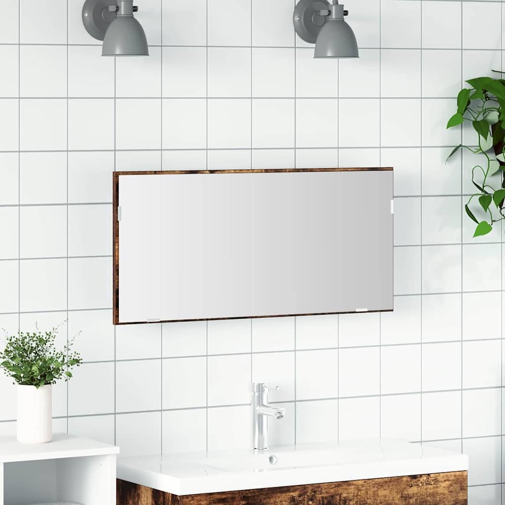 Specchio da parete marrone 80 x 37 cm in vetro e legno ingegnerizzato con illuminazione a LED per bagno ospiti WC, design moderno, salvaspazio, durevole, versatile