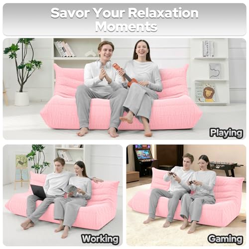 Image of HABUTWAY Bean Bag Chairs Fireside Lazy Floor Sofa,3 Seater,Pink | Soft Teddy Fleece 3 Seater Sofa with High-Resilience Foam Filling，Beanbag for Living Room, Bedroom, Office