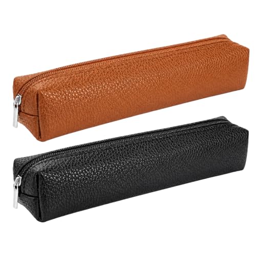 Image of Leather Pencil Case, Slim Design for School Exams, 2 Pack Black Brown