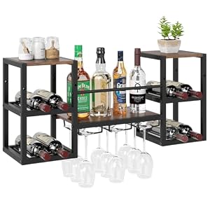 TANGZON Wall Mounted Wine Rack, 3-Tier Metal Frame Wine Bottle Display Shelf with Open Shelves & 3-Row Glass Holder, Liquor Storage Organizer for Home Bar Cellar Kitchen, Rustic Brown + Black