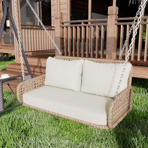 BTM Balancelle de Jardin Extérieure en Rotin PE 2 Places, Balançoire Suspendue de Jardin, avec Coussins et 2 Chaînes, Banc Suspendue sans Cadre, Charge de...