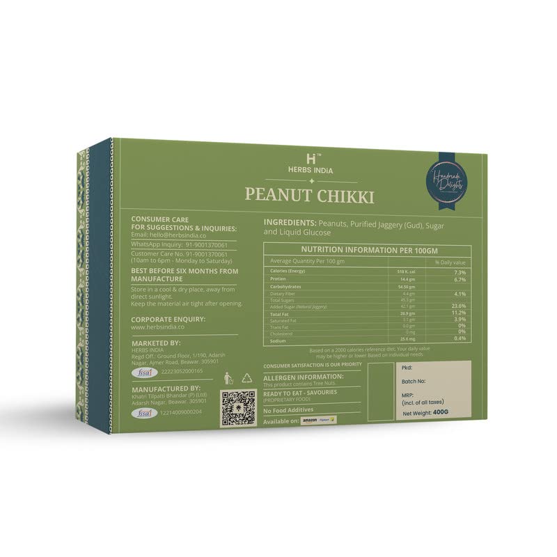 Image of HERBS INDiA Peanut Chikki, Peanut Bar, No Added Preservatives and Colours 400g | Gajak | Sweets | Made With Jaggery | Groundnut Gazak | For Any Occasion