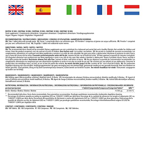 Vitamaze® Biotina 10.000 mcg, 6 Meses de Alta Dosis, con 180 Comprimidos Veganos, Vitaminas para el pelo con 10 mg de Biotina para el cabello, Vitaminas Para el Cabello, Piel y Uñas.