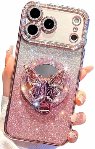 Coque iPhone 17 Pro Max à paillettes avec support miroir papillon en TPU