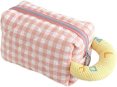 Bolsa de cosméticos Kawaii linda bolsa de maquillaje para mujer, bolsa de maquillaje de viaje, bolsa organizadora de maquillaje (rosa y amarillo)