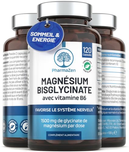 Magnésium Bisglycinate 300 mg + Vitamine B6 - Sommeil, Stress, Fatigue - Absorption Maximale - 120 Gélules Vegan - Magnesium Glycinate Haute Teneur - PharmaZen