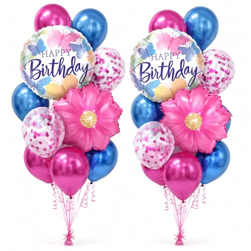 Image of AMFIN (Pack of 20) 17 Inch Butterfly Theme Birthday Balloon Bouquet Pink Blue Chrome Metallic Finish Foil Latex Confetti Women Girls Decoration Item Kit Rainbow Flower