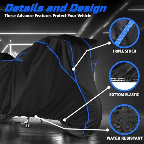 Image of Water Resistant Bike Cover Dustproof UV Protection Bike Body Cover for Yamaha FZ S FI All-Weather Protection with Blue Piping - (Black)