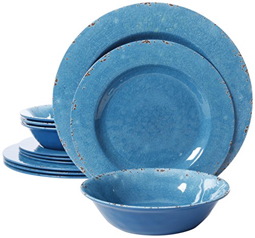 Gibson Studio 94893.12 Mauna 12 Piece Heavy Weight Melamine Dinnerware, Blue