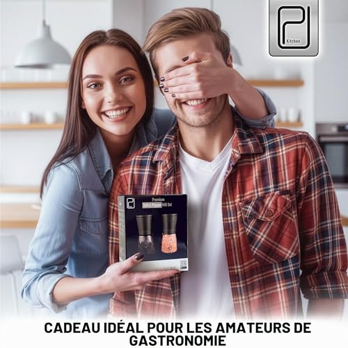 Ensemble Premium Moulins à Sel et Poivre avec Support en Bambou - 142 g, Acier Inoxydable Bronze Noir - Moulin Manuel Rechargeable et Réglable - par PJC-Kitchen – vue 5