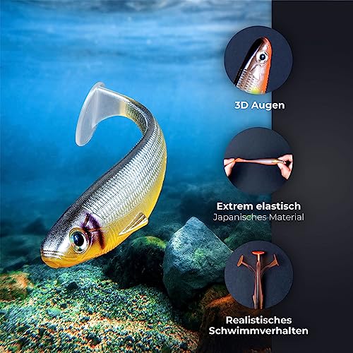 Foto von AMZfishing® 12 Stück 9cm UV-aktive Gummifische Set | Premium Gummifische | Gummifische für Hecht | Gummifische für Zander | Raubfischangeln | Gummiköder | Hechtköder | Gummifisch Hecht | Zanderköder