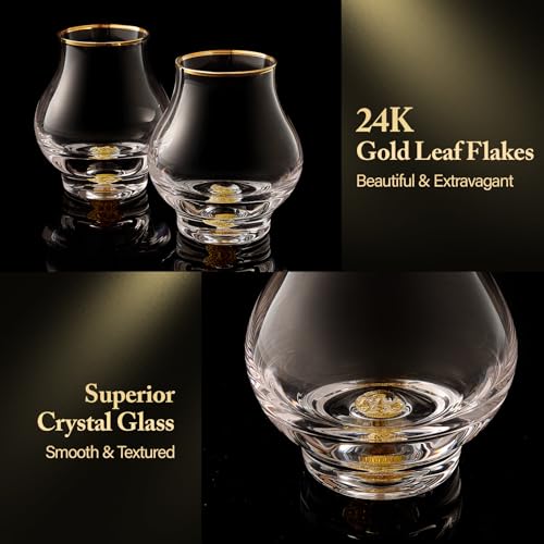 Image of DUJUST‌ Elegant Curvaceous Snifter Glasses Set of 2 (7oz), Crystal Whiskey Glass with 24K Gold Leaf Flakes, ONE OF A KIND, Luxury Glass for Brandy /Bourbon /Tequila, BPA-Free&Lead-Free