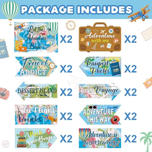 Image of 20 Pieces Travel Party Signs Travel Themed Party Decorations Let The Adventure Begin Sign Around the World Decorations Bon Voyage Party Wall Door Porch Yard Sign Travel Party Supplies