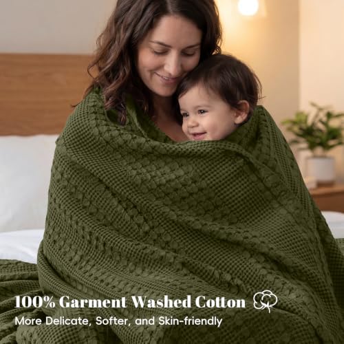 Image of PHF 100% Cotton Waffle Blanket Queen Size for Bed, Lightweight Breathable and Soft for Summer, Luxury Aesthetic Waffle Weave Blanket for Home Decor & Gifts for Women, 90 inchx90 inch, Capulet Olive