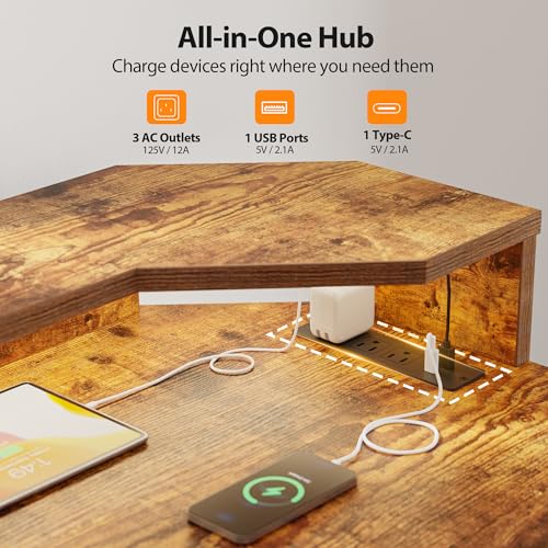 Image of Agilestic 63 Inch L Shaped Electric Standing Desk with Shelf, Height Adjustable Large Desk with Power Outlets & LED, Corner Sit Stand Up Table with Monitor Stand, Computer Workstation, Rustic Brown