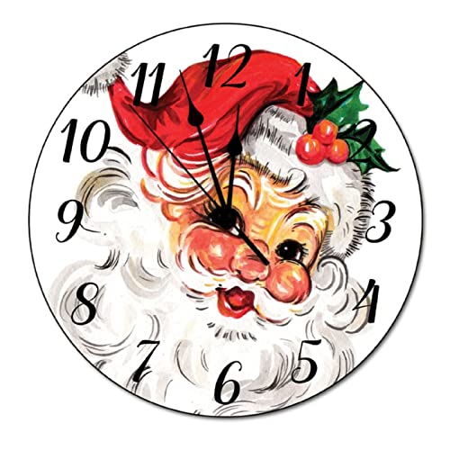 Vintage Santa Clock 10 in Christmas Clock Santa clocks for wall Christmas Wall Clock Non-Ticking Wooden Wall Clocks Battery Operated Rustic New Year Home Decor for Kitchen Bedroom Bathroom Living Room