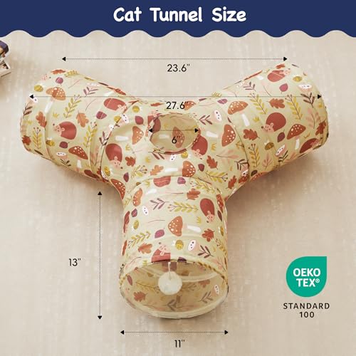 Image of Tempcore Cat Tunnel for Indoor Cats, 3 Way Collapsible Pet Play Tunnel with Teaser Wand, Peek Holes & Hanging Ball, Interactive Tube for Kittens & Rabbits, Khaki Hedgehog