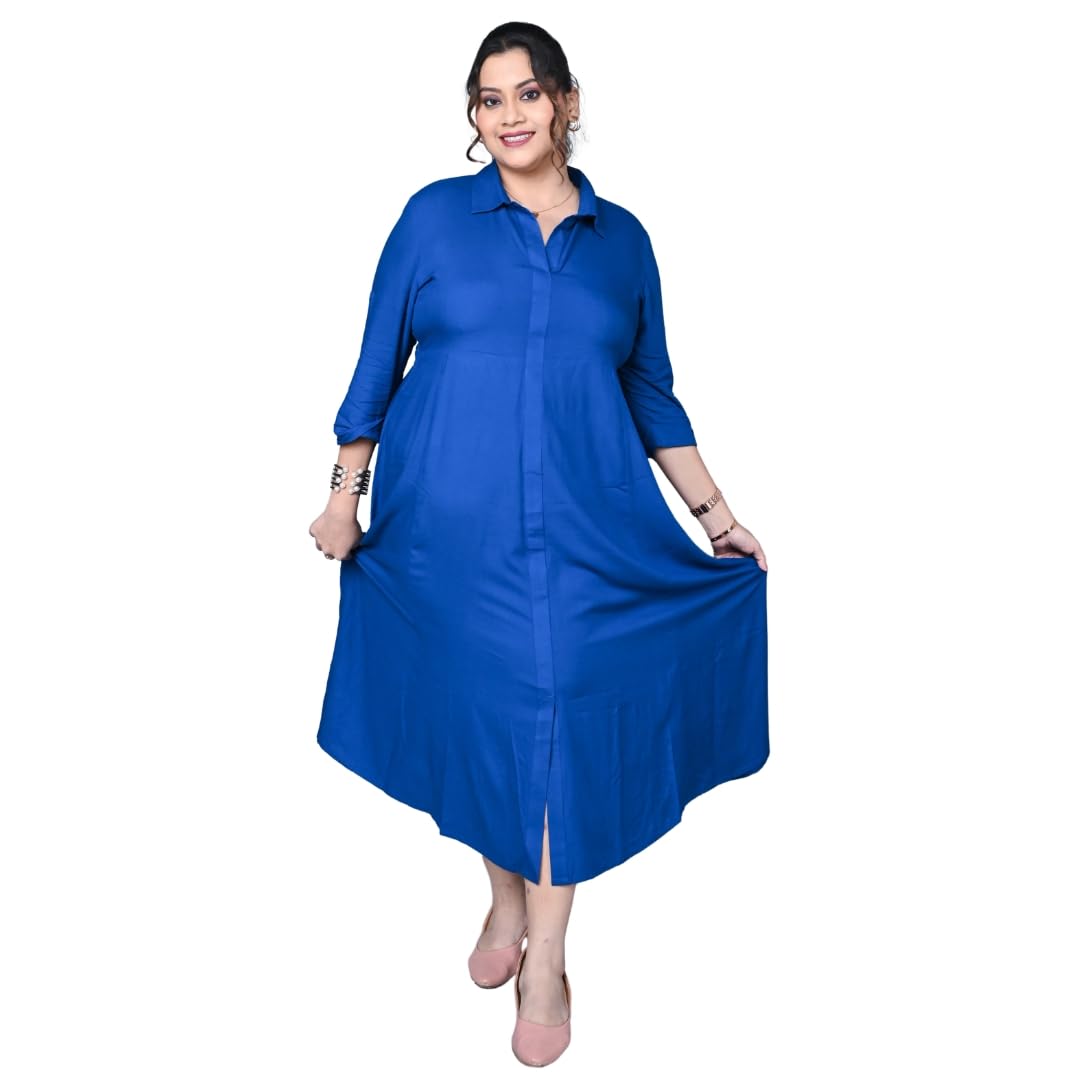 Women's Plus Size Azure Elegance Shirt Maxi Dress, Viscose Rayon, Button-Down Front, Shirt Collar, 3/4 Sleeves, Flowy Casual & Workwear Dress-image-28