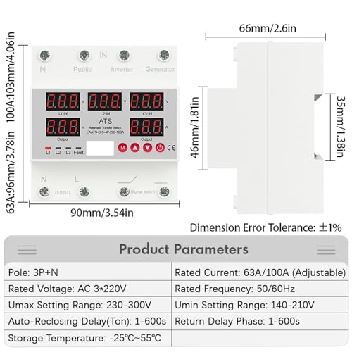 Sélecteur de phase triphasé 3P+N haute précision avec commutateur automatique ATS 5 écrans - 3