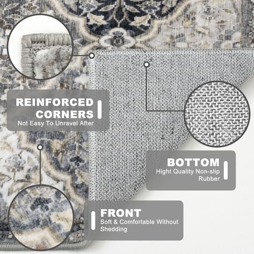 KILOCOCO 2x6 Runner Rug, Moroccan Super Soft Washable Hallway Runner Rug, Accent Print Faux Wool Kitchen Runner Rug 6 Feet Non-Slip Boho Rug Runner for Laundry Room Bedroom, Greenish Gray Beige