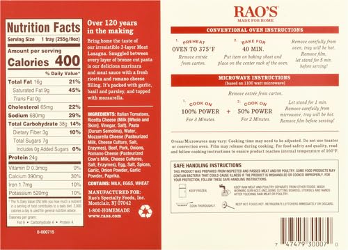 Raos Homemade Made for Home Meat Lasagna Frozen Meal 9oz All Natural Premium Quality Frozen Pasta No Preservatives — view 2