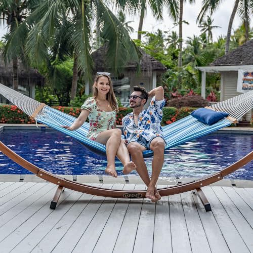 Image of Lazy Daze Hammocks 12 FT Quilted Fabric Double Hammock with Spreader Bars, Detachable Pillow and Carabiners, 450lbs Weight Capacity, Mixed Blue Stripes