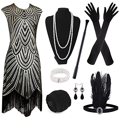 Plulon 1920S Sequin Beaded Fringed Flapper Dress With 20S Accessories Set(Gold And Black,Large) #TOP1