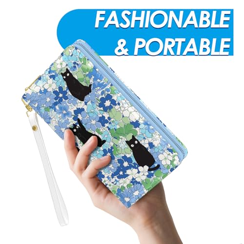 Womens Wallet, Black Cats Wristlet Wallet For Women, Blue Flowers Credit Card Holder Purse With Zipper, Birthday Christmas Graduation Gifts For Women Mom, Travel Office Daily Purse2