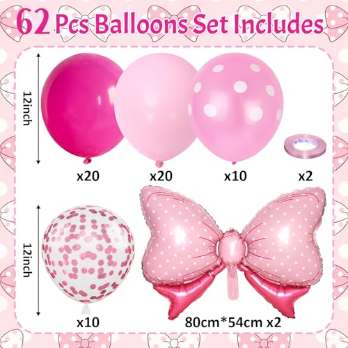 Image of Pink Bow Balloons, 62Pcs 12Inch Hot Pink Bow Foil Balloons Set, Polka Dot and Confetti Latex Balloon for Girls Women Birthdays Baby Shower Bridal Bachelorette Cartoon Theme Valentine Party Decoration
