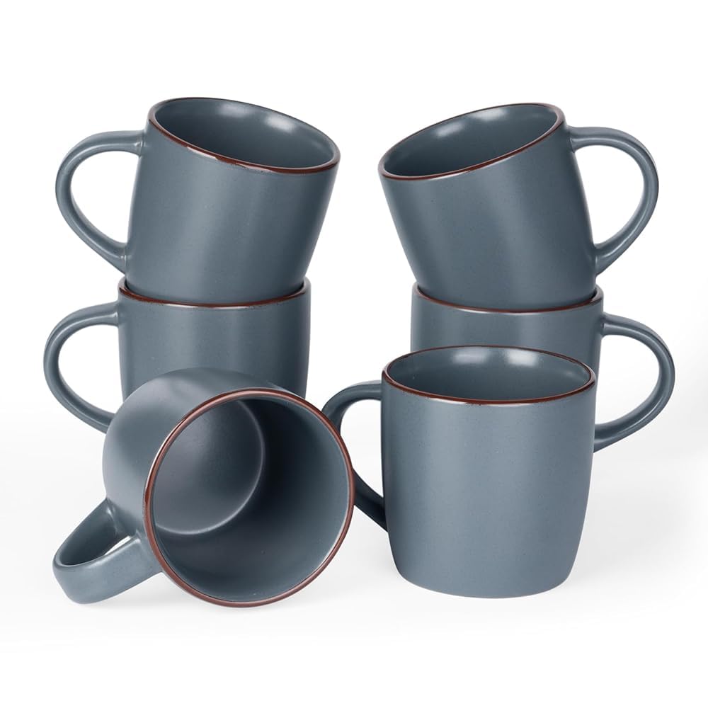 Richmount Mercury Coffee Mugs Sets of 6, 13oz/370ml Stoneware Tea Cups with Large Handle and Burgundy Trim for Latte/Cappuccino/Milk/Cocoa/Tea, Microwave & Dishwasher Safe, Charcoal Grey