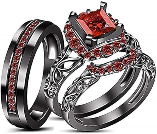 2.00 Ct Princess Cut Created Ruby Wedding Engagement His Her Trio Band Ring Set 14k Black Gold Finish