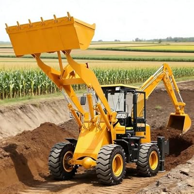 Compact Backhoe Loader Tractor, Mini Wheel Backhoe Loader with Front Loader and Rear Excavator Arm, Towable Small Digger for Construction, Farm and Rural Development