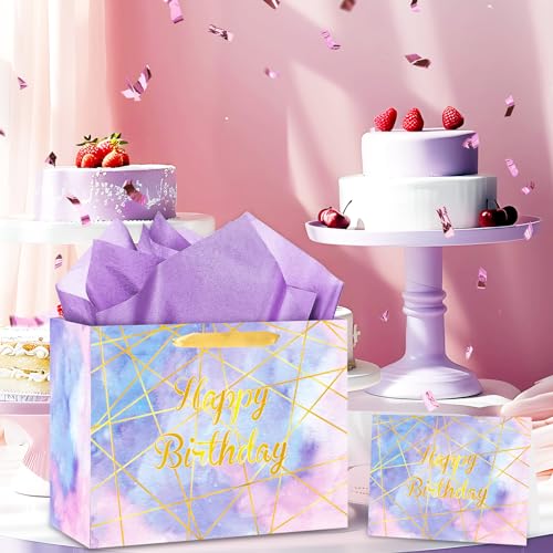 Marble Birthday Gift Bags Pastel Happy Birthday Gift Bag with Tissue Paper Greeting Card Large Colorful Wrapping Paper Bag Pink Purple Goodie Bags for Girls Women Birthday Christmas Party Favors