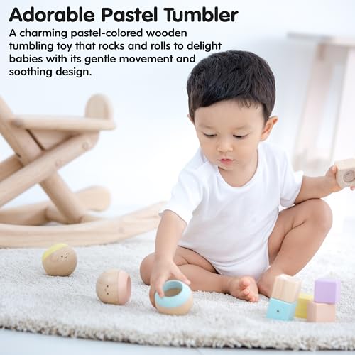 Image of PlanToys Pastel Wooden Tumbling Montessori Toy | Developmental Baby Toy for Fine Motor Skills & Sensory Play | Safe & Eco-Friendly for Babies 6 Months+