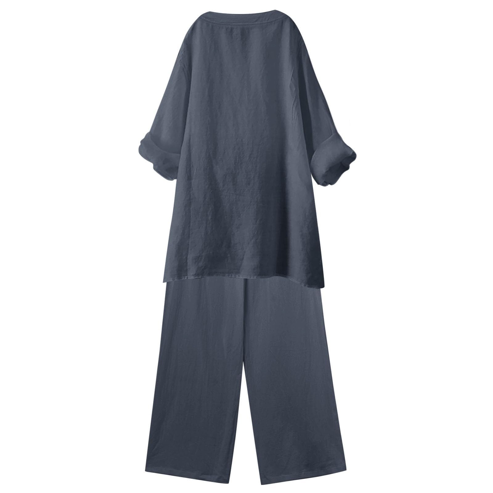 Ensemble de pyjama 2 pièces pour femme - Grandes tailles - Couleur unie | Combinaison ample en lin à manches mi-longues, col en V, boutons et taille élastique, lacets, pantalon à jambes larges