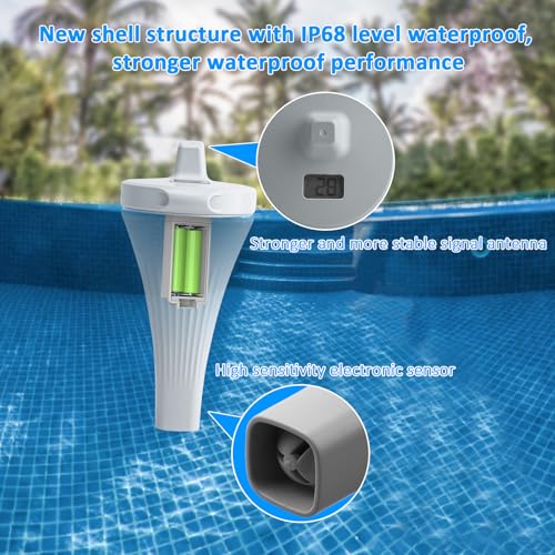 Pool Thermometer, Wasserdichtes Schwimmendes Pool Thermometer Nach IP68, mit Raumtemperaturerfassung, bis zu 100 Meter Übertragungsreichweite, für Schwimmbäder, Badewannen