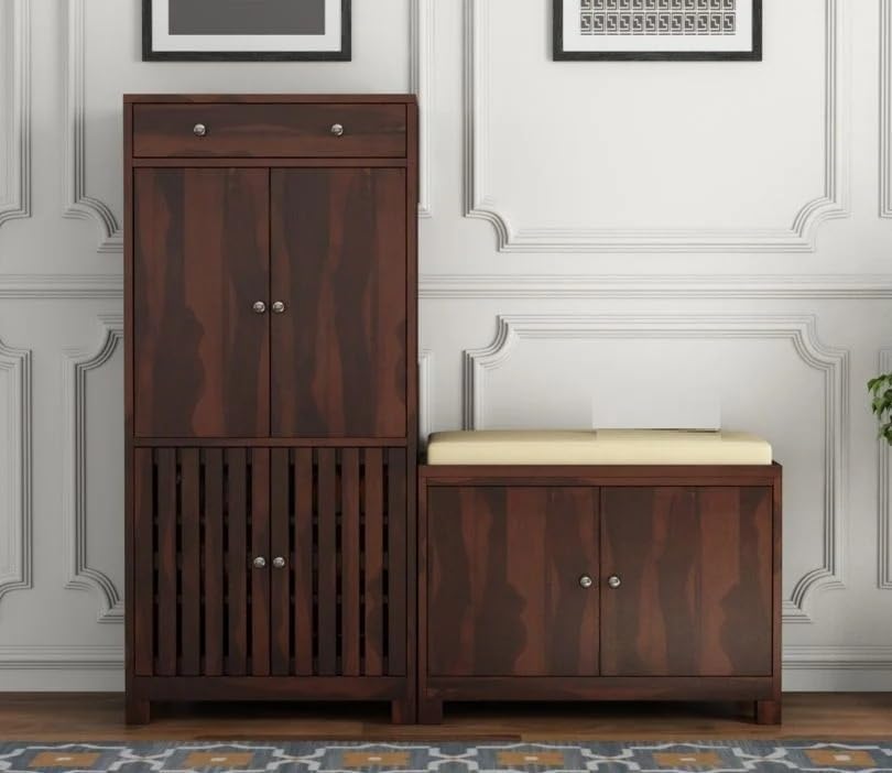 Image of VK Furniture Solid Sheesham Wood Shoe Rack with 1 Drawer & 3 Door Cabinet Storage | Wooden Large Size Shoe Cabinet with Cushion Seating for Home (Walnut Finish)