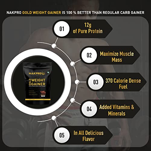 Image of NAKPRO GOLD WEIGHT GAINER | 12g Protein, 80g Carbs | Added Vitamins, Minerals & Digestive Enzymes | Easy Mixing, Easy Digesting Weight Gainer Powder for Men & Women | 3 Kg Double Rich Chocolate Flavour
