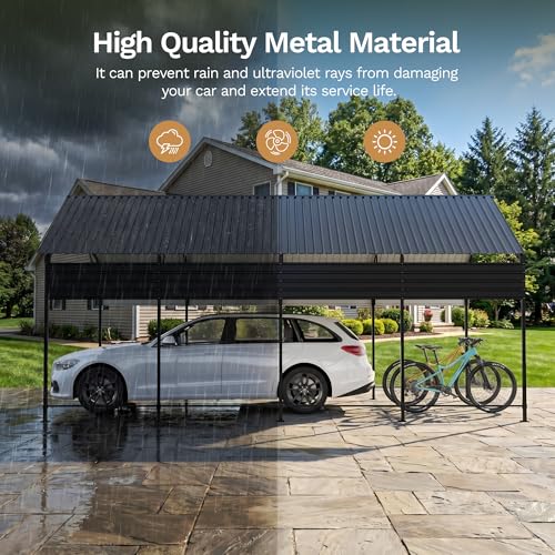 Image of Greesum 20x20FT Heavy Duty Carport, Vertical Roof & Side Supports, Black | All-Weather Watertight Seal | 20x20FT Heavy Duty Frame | 70kg /m Snow Resistance | Fits Full-Size Trucks & Boats