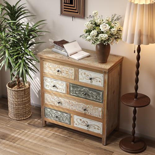 Image of Vintage Carved 7-Drawer Storage Cabinet, Solid Wood Accent Cabinet with Doors for Living Room, Kitchen, Dining Room, 33 Inch Tall, Natural Wood Brown
