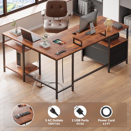 Image of Furologee L Shaped Computer Desk with Power Outlet, Reversible Home Office Desk for Work Study, 50 Inch Corner Gaming Table with File Drawer, Monitor Stand, Storage Shelves, Rustic Brown