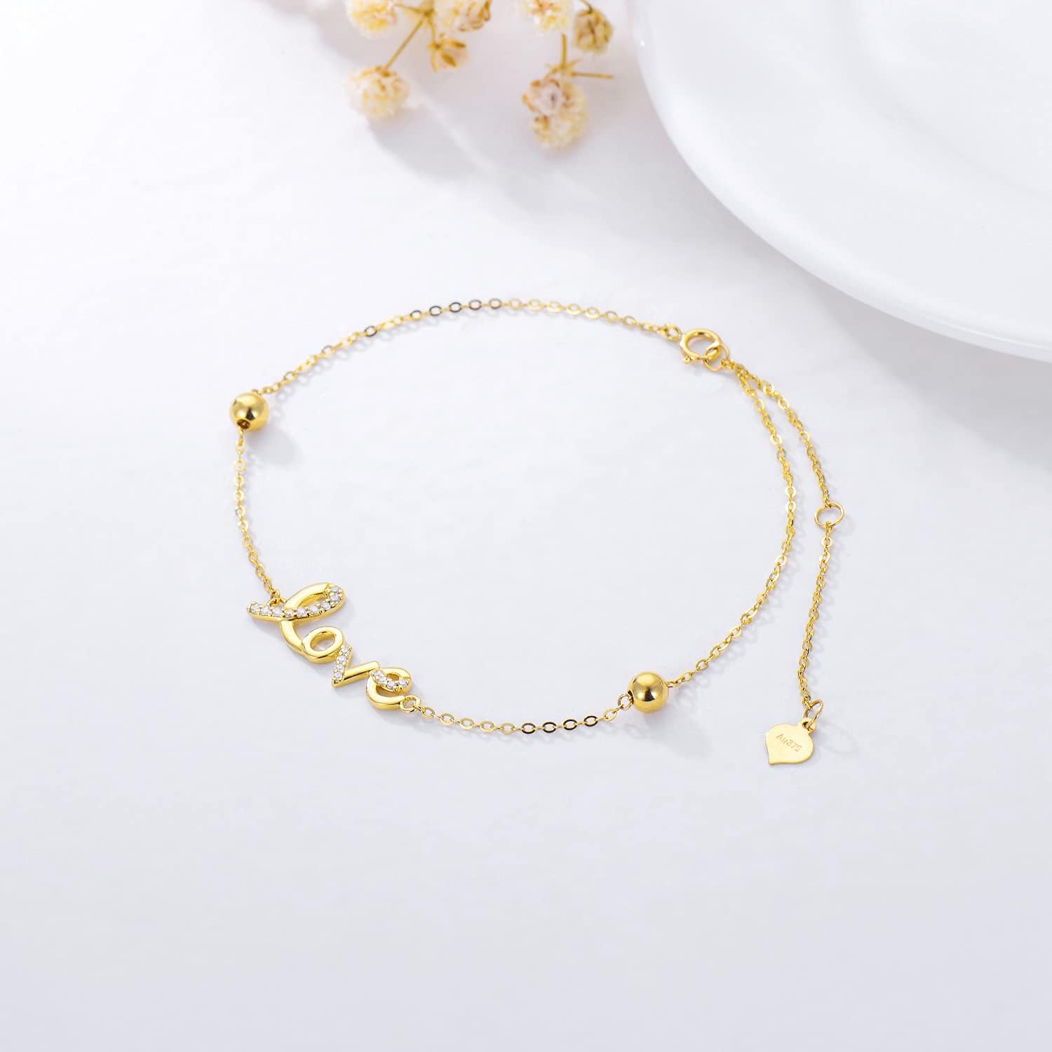SISGEM 9 ct Gold Love Bracelet, Solid Yellow Gold Love Letter Bracelet with 4mm Gold Beads, for Women Girls Ladies Mum Sisters 7"+1"+1" - Image 4