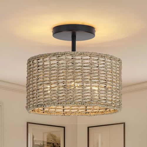 Image of JIWUZHI Boho Light Fixtures Ceiling Mount,12.6" Rattan Ceiling Light Fxiture,3-Light Semi Flush Mount Light Fixture,Farmhouse Wicker Ceiling Light for Hallway Bedroom Kitchen Nursery Entryway