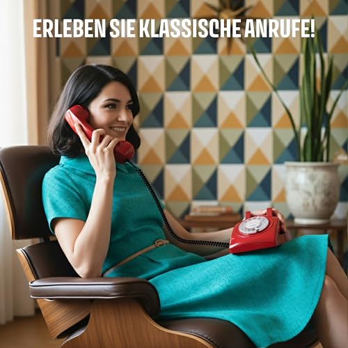 Opis Technology 60s Cable Retro Telefon mit Wählscheibe – Klassisches Festnetztelefon, mechanische Metallklingel & Vintage Design, kompatibel mit modernen Routern (FritzBox etc.) – Rot