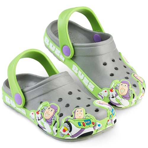 Get Trend Disney Buzz Lightyear Boys Clogs, Slip On Sandals with Backstrap Anti Slip Garden Slides Lightweight Beach Slippers (12/13 US, Grey/Green Buzz)