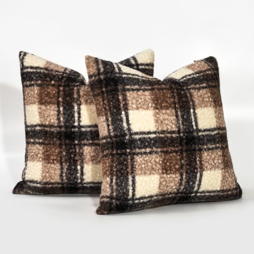 Brown Boucle Farmhouse Fall Plaid Pillow Covers