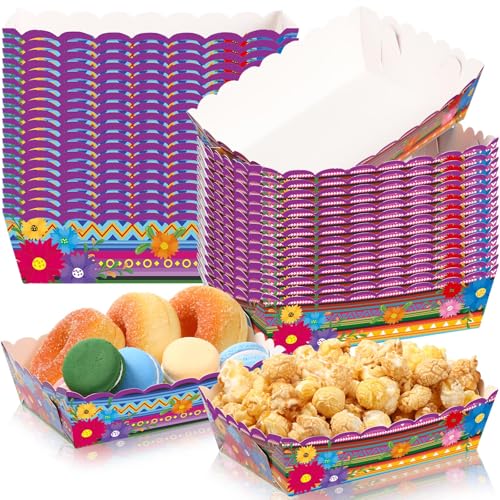 50 Pcs Mexican Paper Food Trays Fiesta Nacho Trays Disposable Mexican Plates Hot Dog Popcorn Snack Boat for Taco Tuesday Day of The Dead Party Supplies Decorations(Flower)