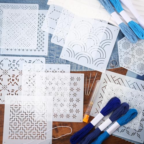 Image of 37 Pcs Sashiko Thread Kit Sashiko Needles Cotton Thimble Sashiko Patterns Embroidery Projects for Sewing Hand Quilting Mending Supplies