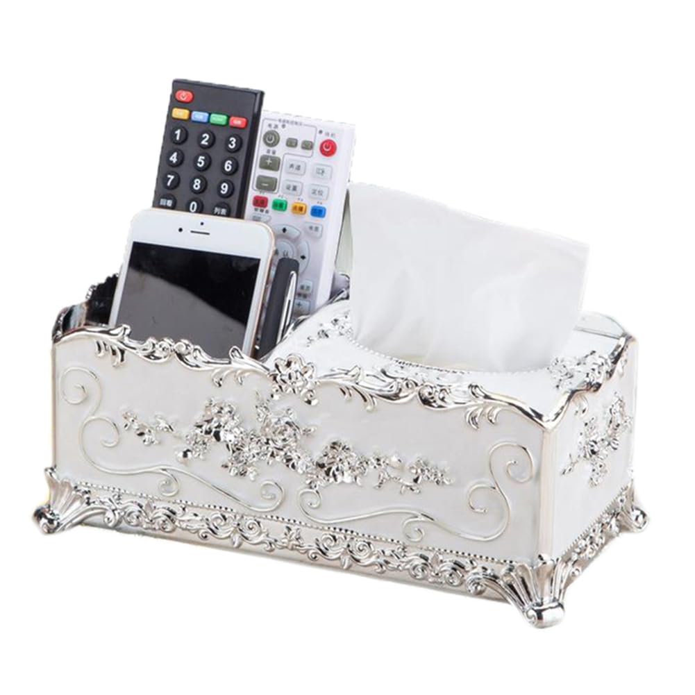 Qinqin Store Silver White Creative Tissue Box Cover With Remote Control Storage Box Holder Organizer Decorative Paper Facial Tisue Box Holder (, 27×13×11Cm/10.63"×5.12"×4.33")