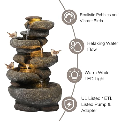 Image of Glitzhome 5-Tier Cascading Rock Outdoor Water Fountain with LED Light & Pump, Natural Stacked Stone Look Water Fountain with Lively Birds for Garden, Patio, Porch, 23 inchH